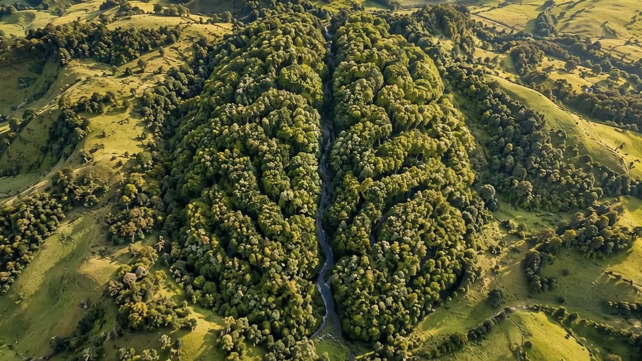 Aerial view of a brain-shaped forest among green hills.
