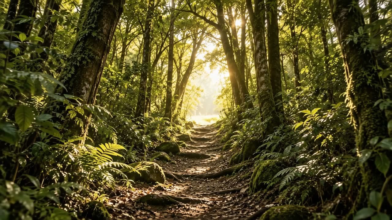 A forest path with branches interlacing overhead.
